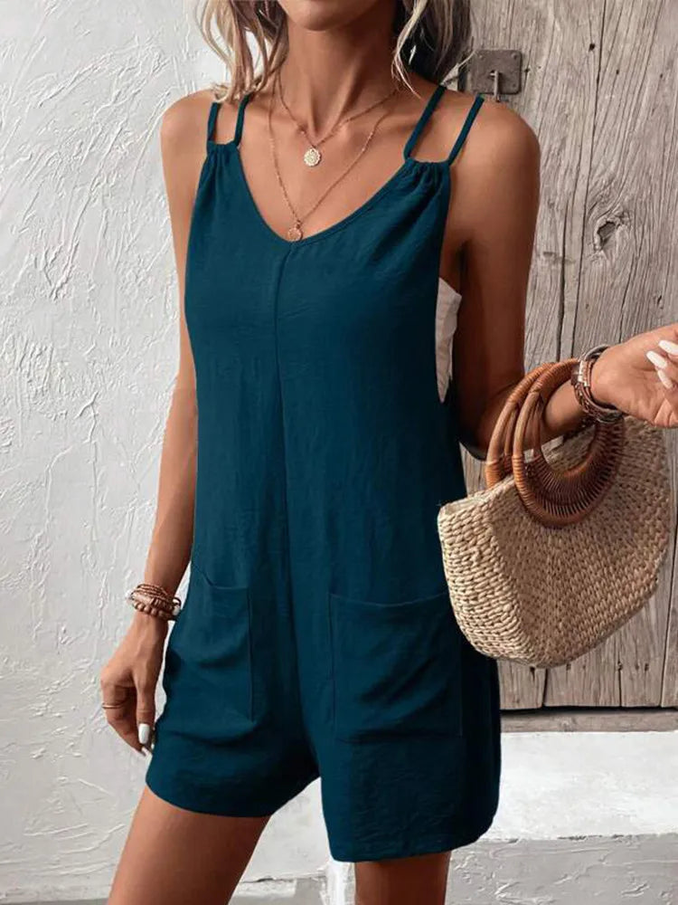 Women's Casual Summer Short Rompers Overalls 2024 Loose Sleeveless Double Sling Strap Jumpsuits with Pockets