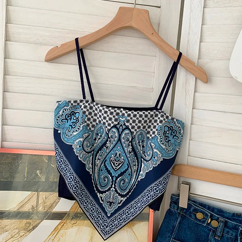 Women's Printed Sleeveless Tank Top Shirt Basic Solid Tank Top Fashion Satin Lace Up Italian Noodle Bandana Tube Crop Top