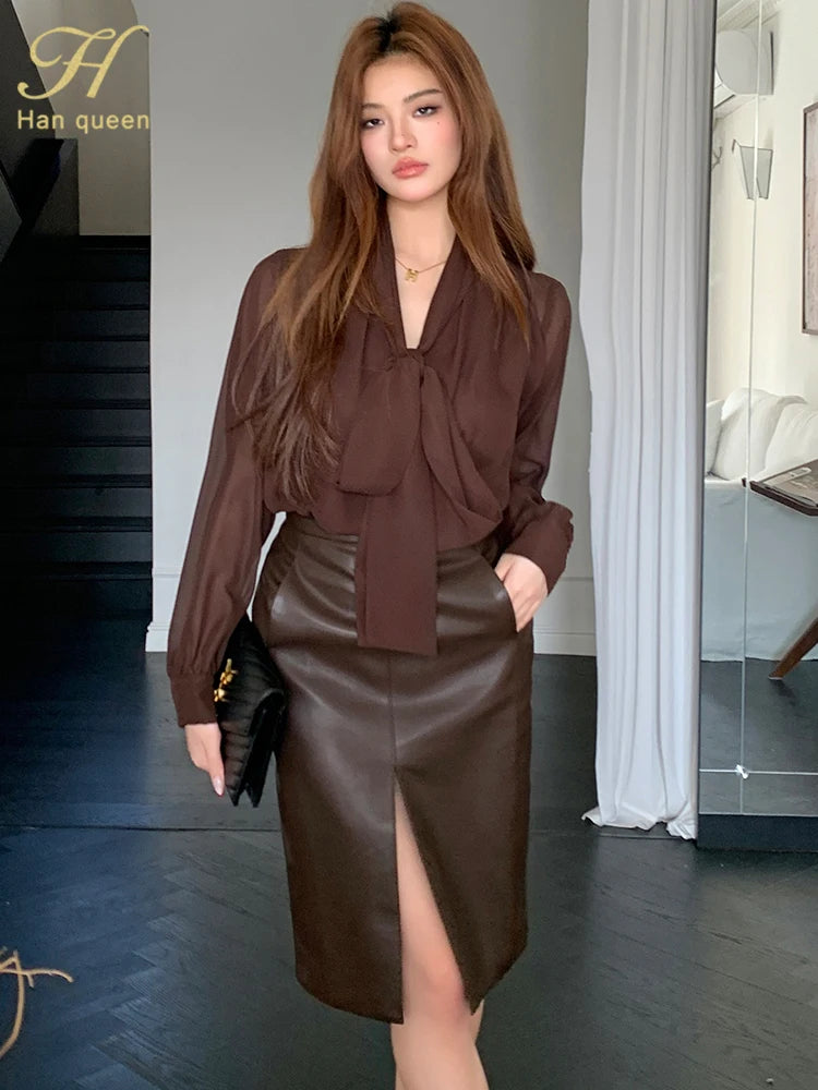 H Han Queen Work Casual Tops Chiffon Blouse New Arrival Shirt Womens Blouse Vintage Bow Elegant Loose Women Business Shirts