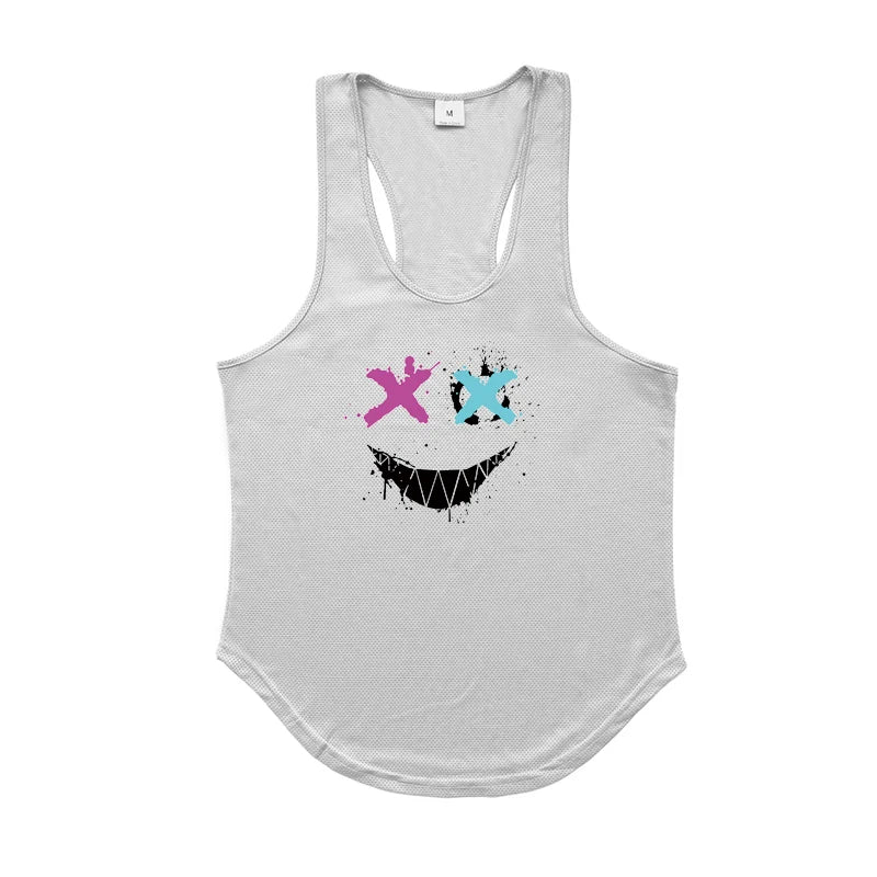Trendy Personality Funny XX Smile Face Gym Fitness Vest Men Bodybuilding Sleeveless Tank Tops Mesh Quick Dry Racer Back T-Shirt