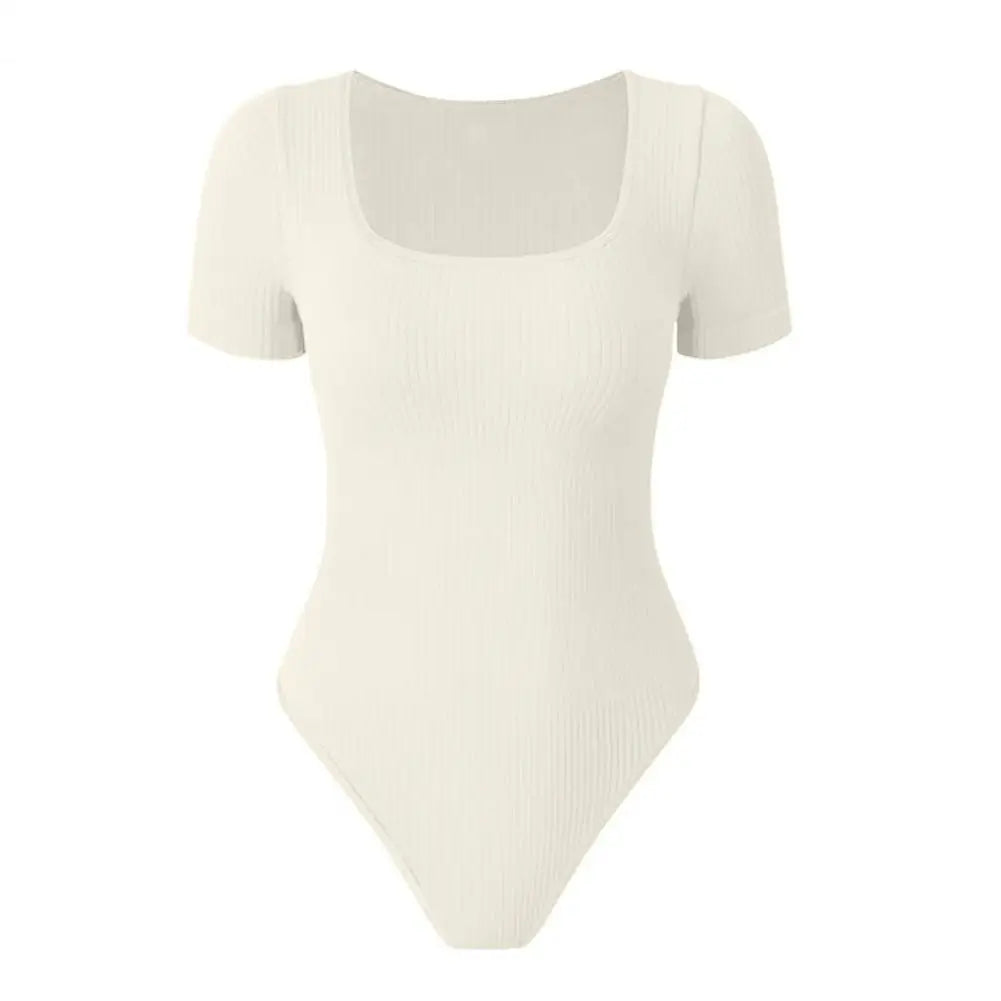 Women Solid Color Playsuit High Elasticity Tummy Control Bodysuit for Women Square Neck Playsuit with Tight Waist Short Sleeves