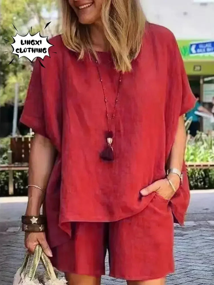 2024 Summer Fashion Cotton and Hemp New Elegant Women's Casual Two Piece Set Short Sleeved Top Waist Wide Leg Pants Set