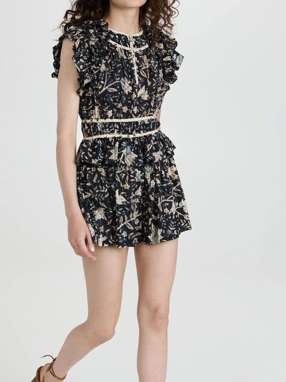 2024 New Spring Summer High Quality Fashion Flower Print Ruffled Woman Beach Style Casural Playsuit