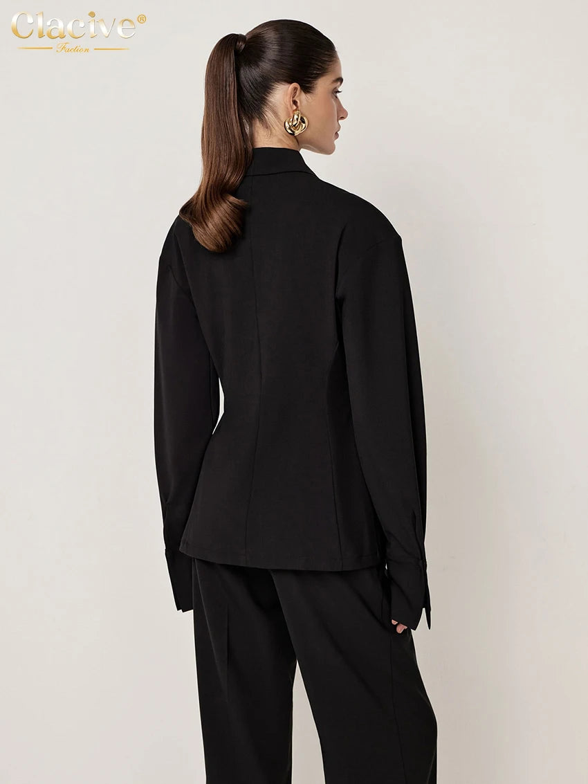 Clacive Bodycon Black Office 2 Piece Sets Women Outfit 2025 Fashion Long Sleeve Shirt With High Waist Pants Wide Set Female