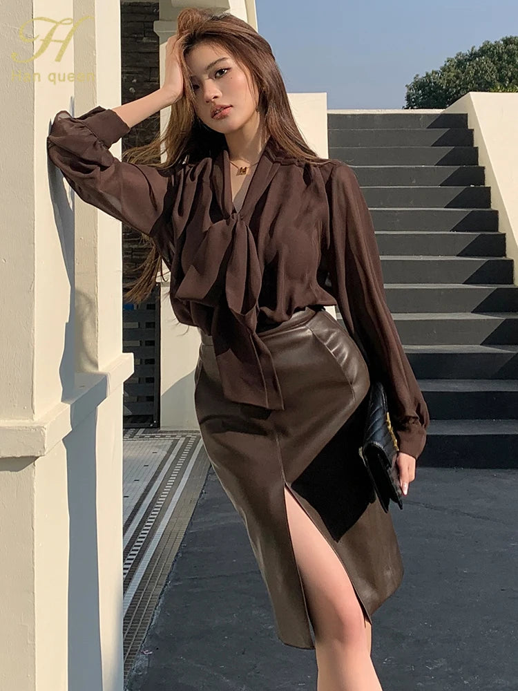 H Han Queen Work Casual Tops Chiffon Blouse New Arrival Shirt Womens Blouse Vintage Bow Elegant Loose Women Business Shirts