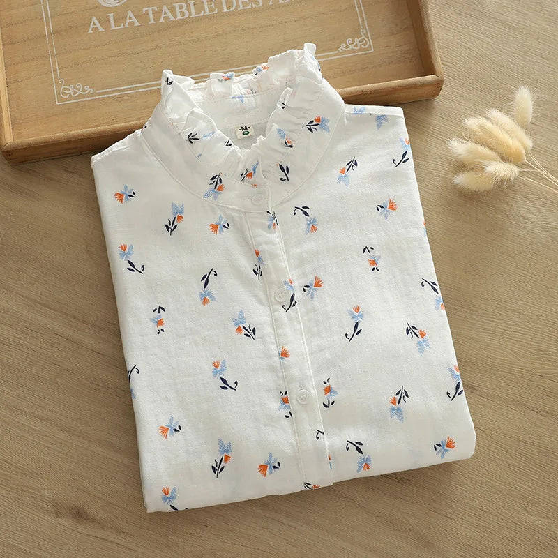 Exquisite Floral Printed Shirt Women 2024 New Sweet Fresh Style Ladies Blouses & Tops Casual Female Cotton Yarns Shirt Clothes