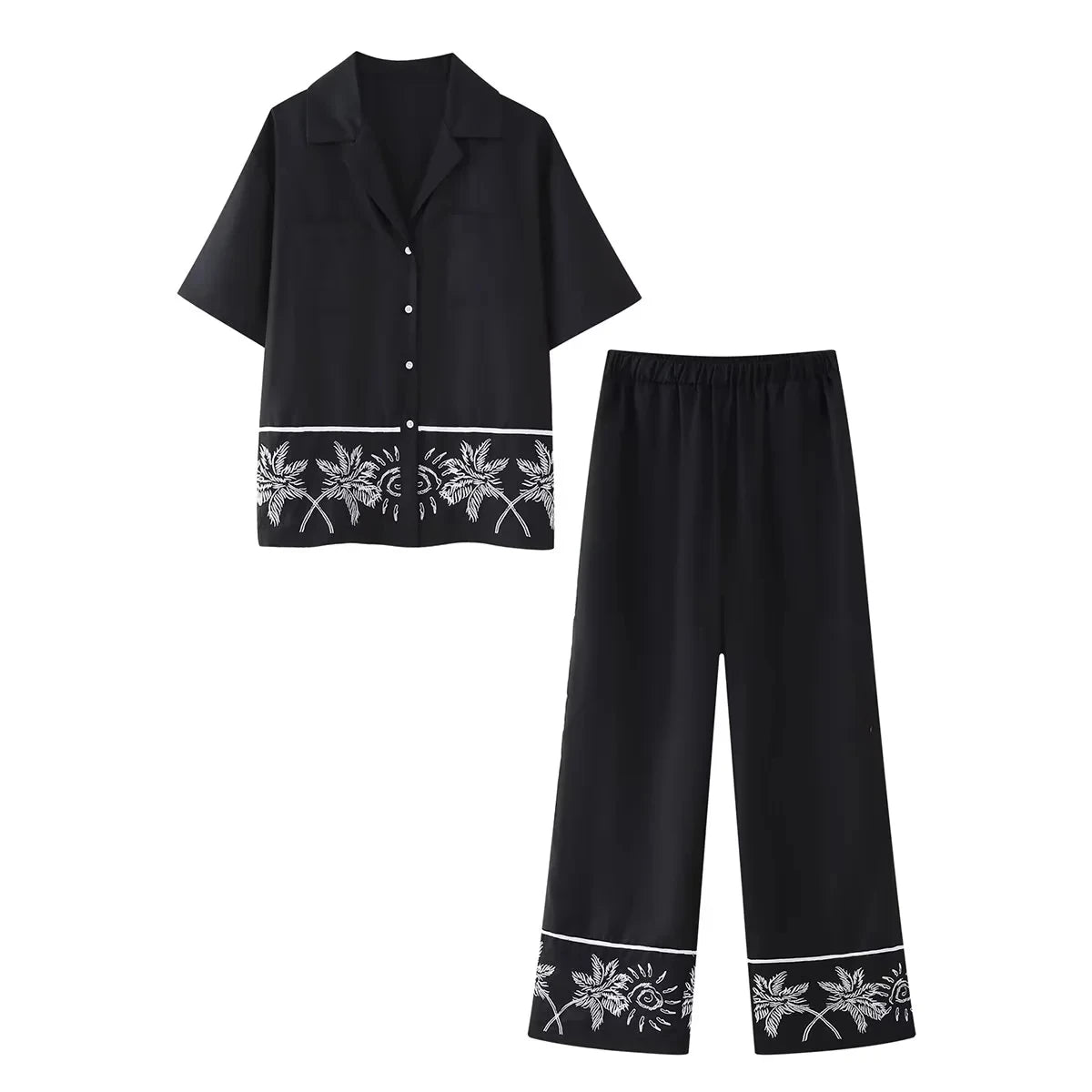 2024 Summer New Women Casual Lapel Short Sleeve Embroidered Shirt Tops Elastic High Waist Straight Pants Women Two Piece Sets