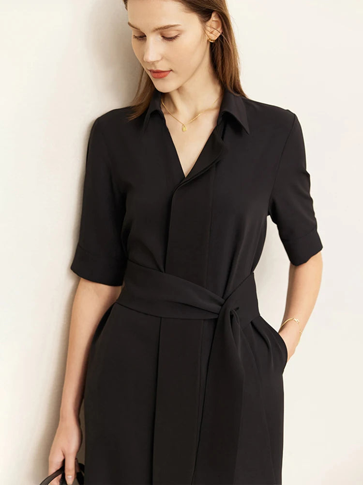 AMII Minimalism Dresses for Women 2023 Summer New Shirt Dress with Belt Waist Office Lady Solid Casual Black Vestidos 12352028