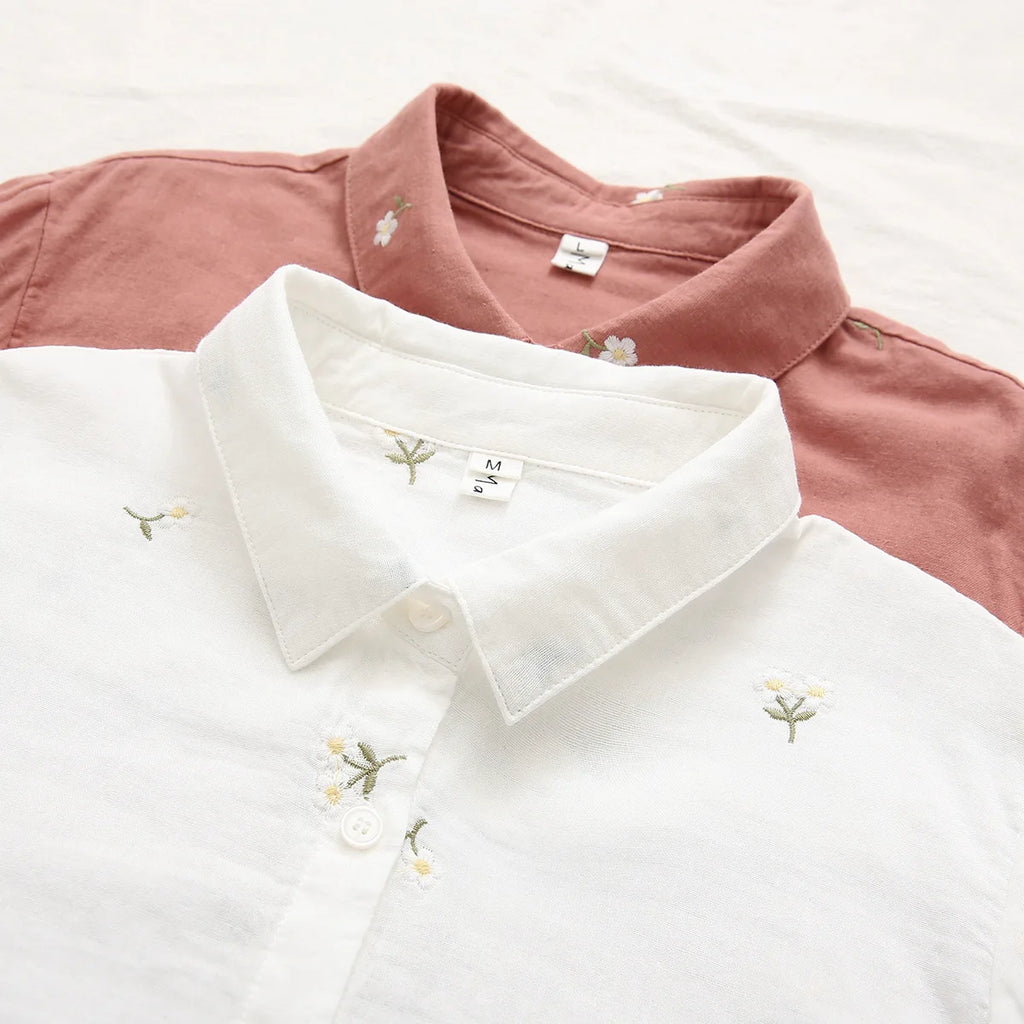 New Autumn Cotton Flower Embroidery Shirts Women Lapel Collar Basic Tops Girl Long Sleeve Loose Blouses Gentle Spring T39544QC