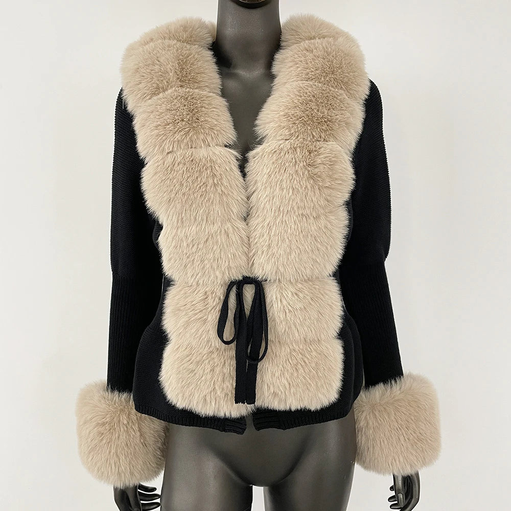 FURYOURSELF 2025 Autumn Winter Women's Short Knitted Sweater with Artificial Fur New Brazilian Best-selling Women's Cardigan