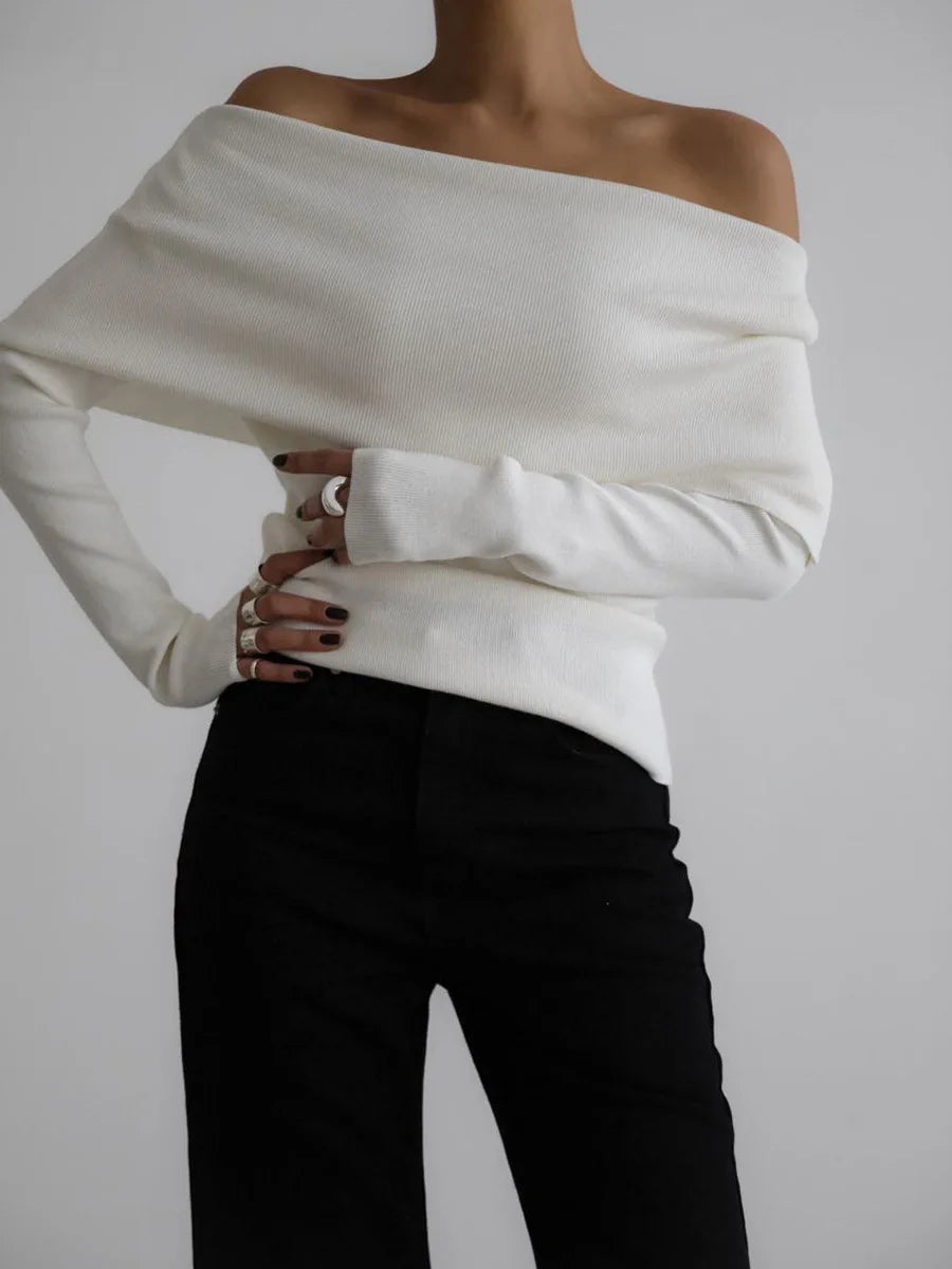 Off Shoulder Women Gray Sweater Knitwears Top Long Sleeve Pullovers Tops Outerwears Sweaters Clothing Red Black White Brown New