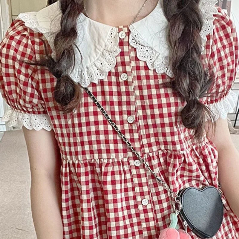 Red Plaid Shirts Women Sweet Peter Pan Collar Students Vintage Japanese Style All-match Casual Fashion Summer Personality Chic