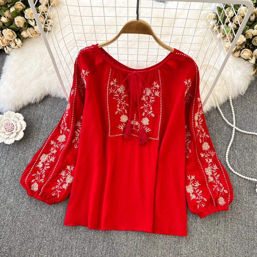 Women Spring Autumn Blouse Vintage National Style Long Sleeve Round Neck Pullover Embroidery Loose Shirt Doll Shirt Top D2761