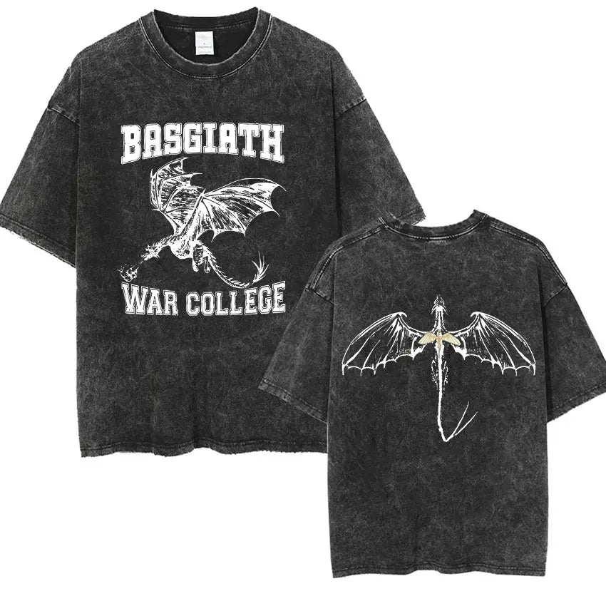 Basgiath War College Vintage Washed  T Shirts Fourth Wing Dragon Rider Print Short Sleeve T-shirt Men's Fashion Oversized Tshirt