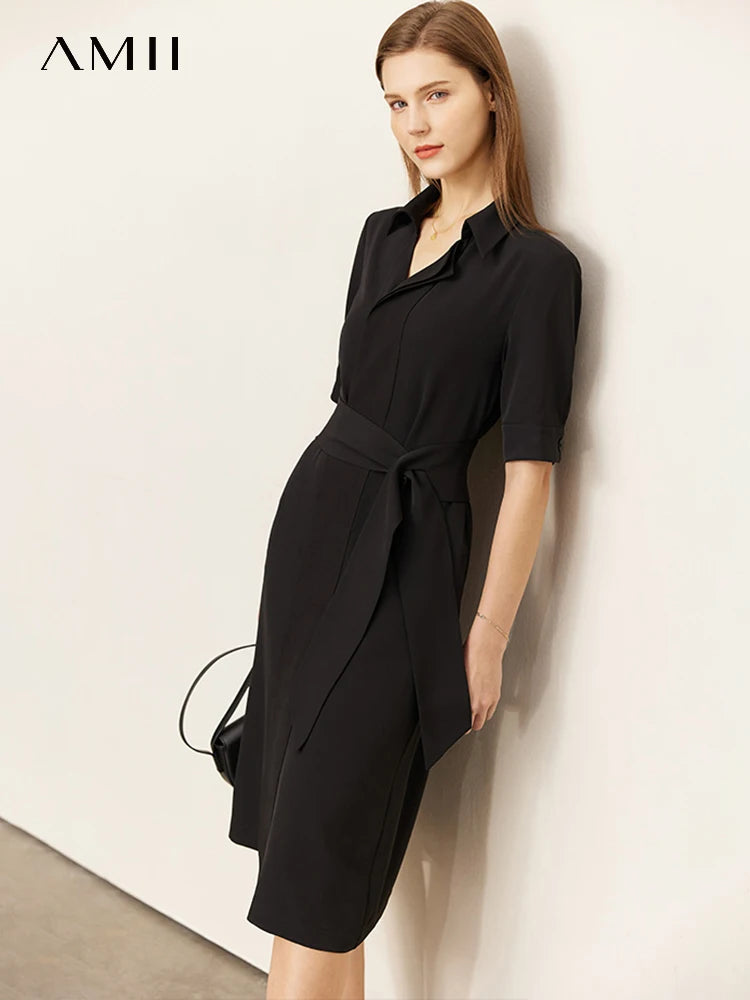 AMII Minimalism Dresses for Women 2023 Summer New Shirt Dress with Belt Waist Office Lady Solid Casual Black Vestidos 12352028
