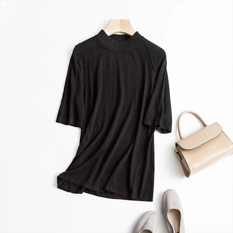 Good Quality 85% Silk 15% Wool High Neck half sleeve pullover Top Sweater M-2XL SG317