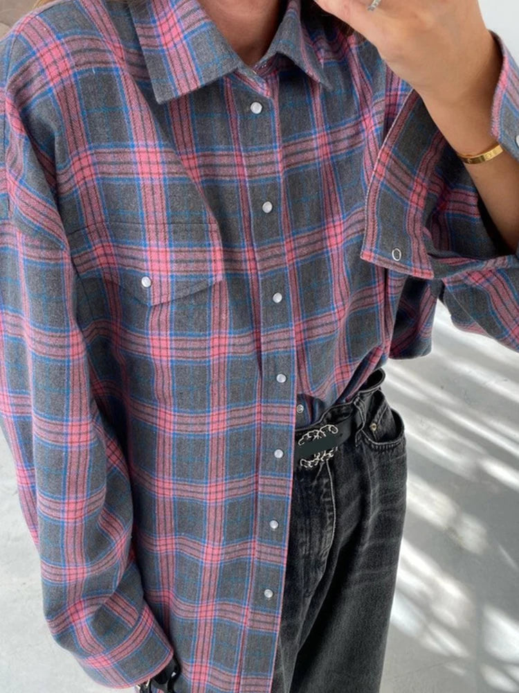 Mumaroho 2024 Women Autumn Winter Long Sleeve Blue Plaid Shirt Vintage Oversized Loose Fit Blouse For Woman