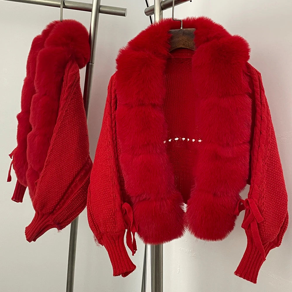 FURYOURSELF 2025 Autumn Winter Women's Short Knitted Sweater with Artificial Fur New Brazilian Best-selling Women's Cardigan