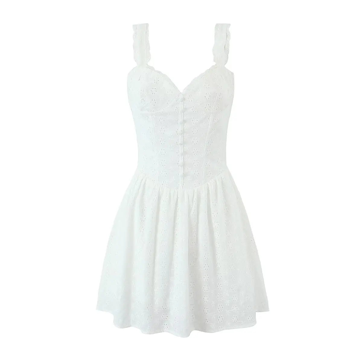 YENKYE Sexy Women Fashion Hollow Out Embroidery Sling White Dress Summer Sleeveless  Low Waist Female Party Mini Dresses