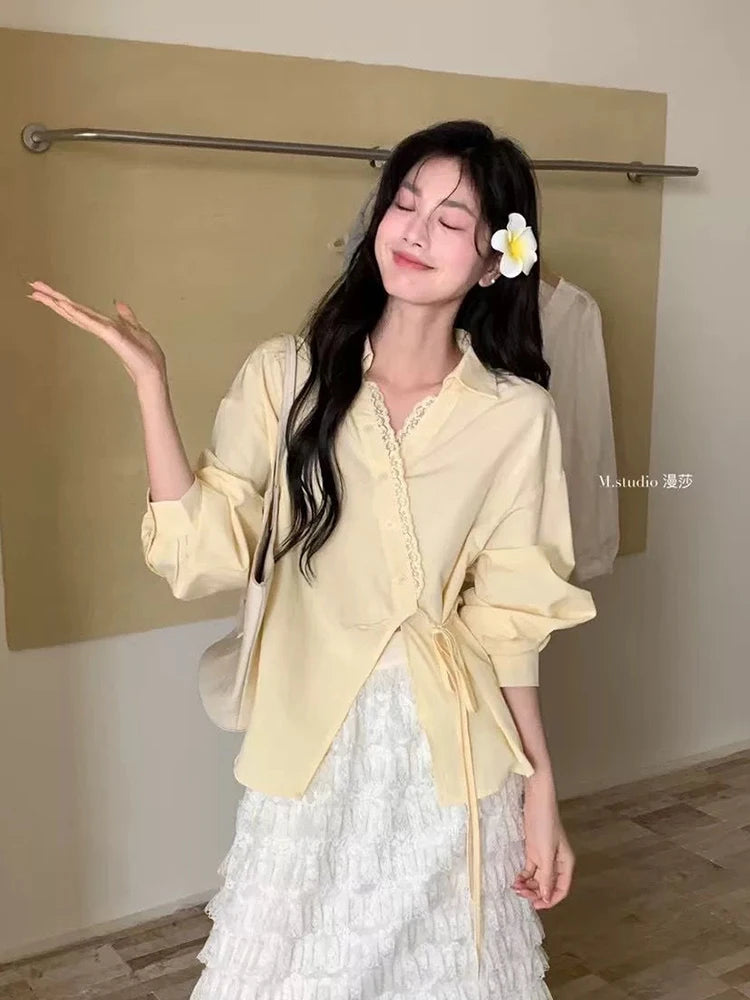 Jmprs Sweet French Retro Shirt Women Lace Patchwork Long Sleeve Elegant Blouse Design V Neck Irregular Spring Lady Lace Up Tops