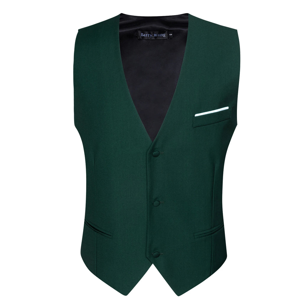 Designer Men's Vest Dark Green Solid Silk Satin Waistcoat Tie Bowtie Hanky Wedding Formal Male Suit Sleeveless Jacket Barry Wang