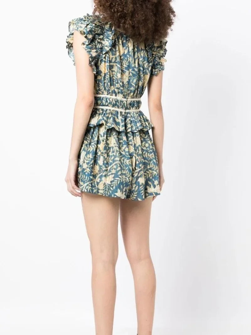 2024 New Spring Summer High Quality Fashion Flower Print Ruffled Woman Beach Style Casural Playsuit