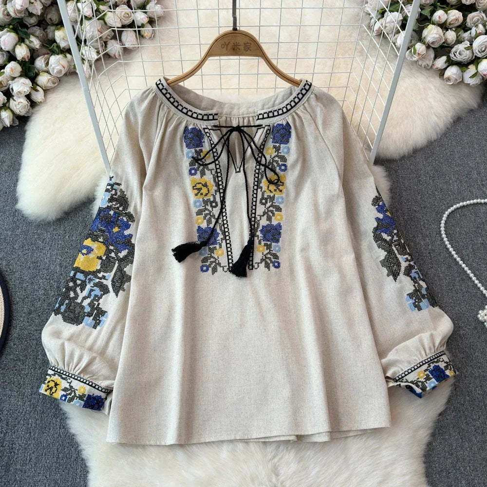 2025 Spring Retro Embroidered Shirt Top Female Lace Up Tassel Loose Lantern Sleeves Ethnic Style Blouse Female A70