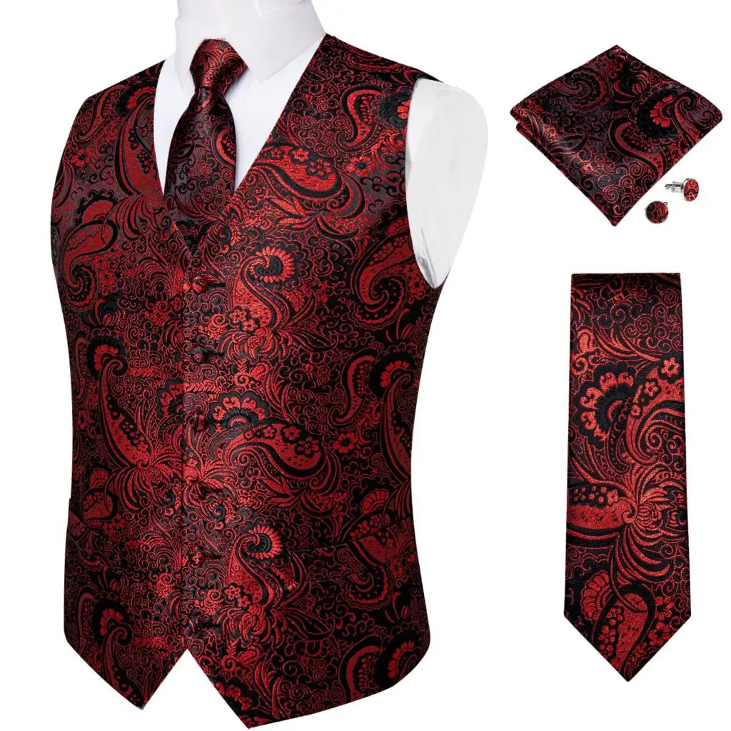 Luxury Silver Gray Paisley Suit Vest Men Tuxedo Blazers Wedding Party Waistcoat Neck Tie Set Casual Sleeveless Jacket