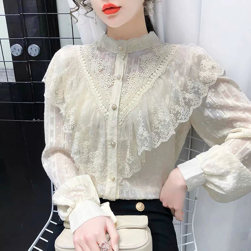Elegant French Blouse Women Temperament Sweet Ruffles Loose Casual Tops Spring Long Sleeve Streetwear Apricot Shirts