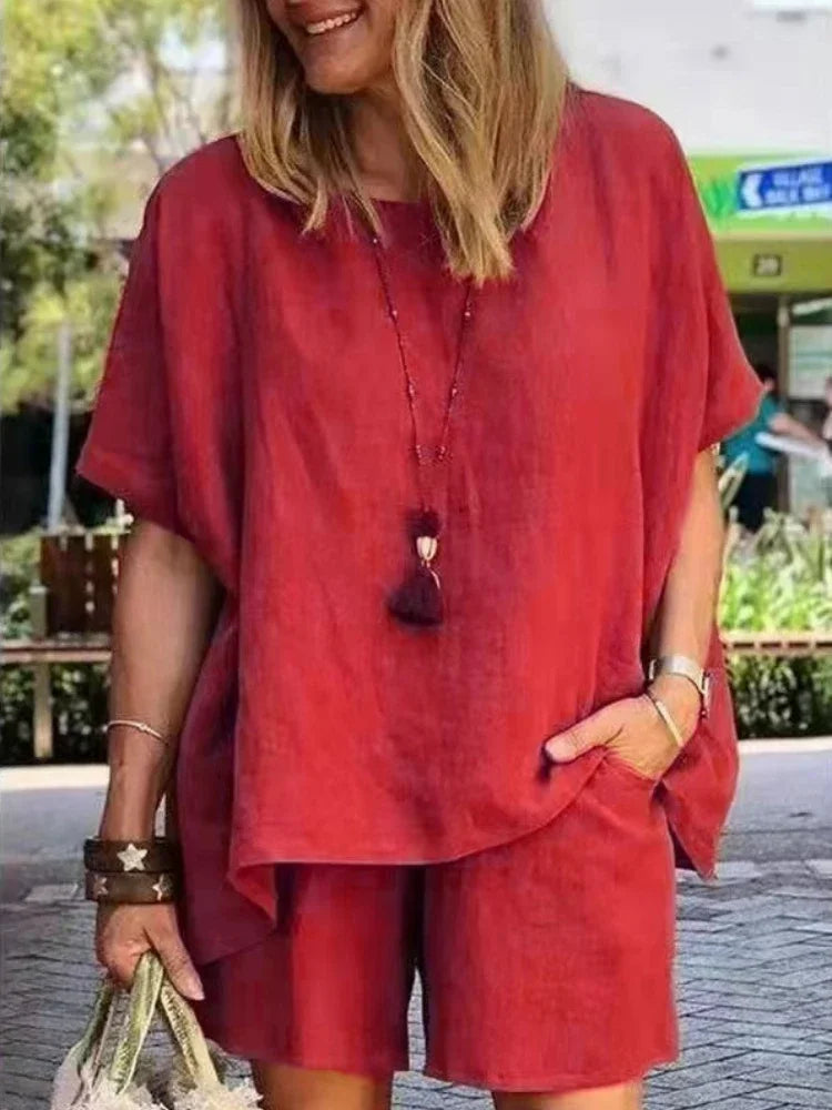 2024 Summer Fashion Cotton and Hemp New Elegant Women's Casual Two Piece Set Short Sleeved Top Waist Wide Leg Pants Set