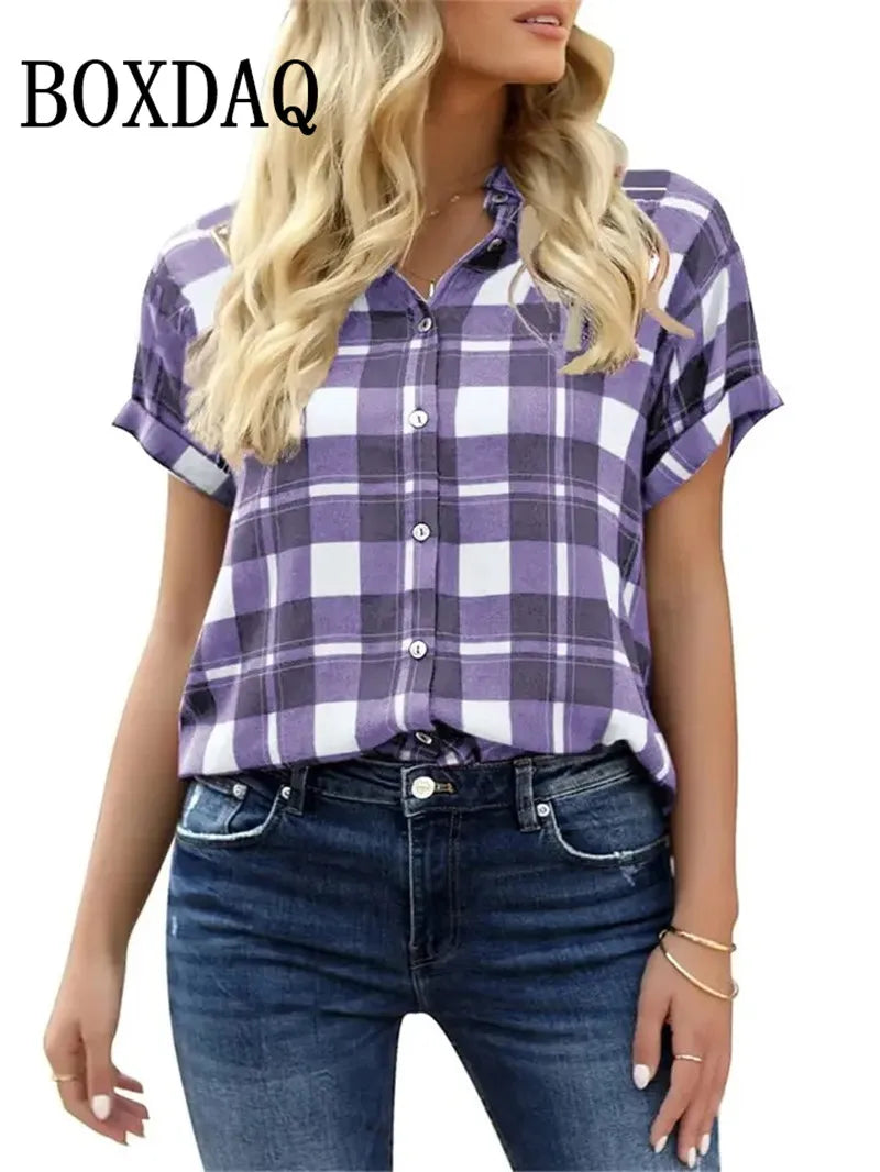 Spring Summer Casual Women's Short Sleeve Blouses Fashion Lapel Button Loose Shirts Classic Plaid Print Women Short Sleeve Tops