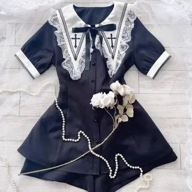 Embroidered Black Suit Mass-Produced Japanese Rojita Lolita Tops Single-Breasted Shirt + Shorts Two Piece Sets Womens Outifits