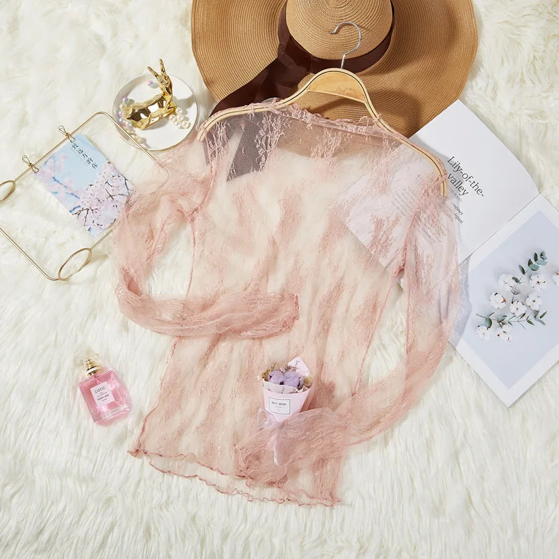 Women Thin See Through Lace Blouse Tops Sexy Lady Mesh Lace Patchwork Sunscreen Blouse Shirts LGHX-173