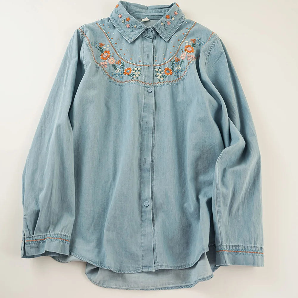 Harajuku fashion cotton denim spring blouses 2025 long sleeve women's embroidered shirts pretty blouses woman jean shirts