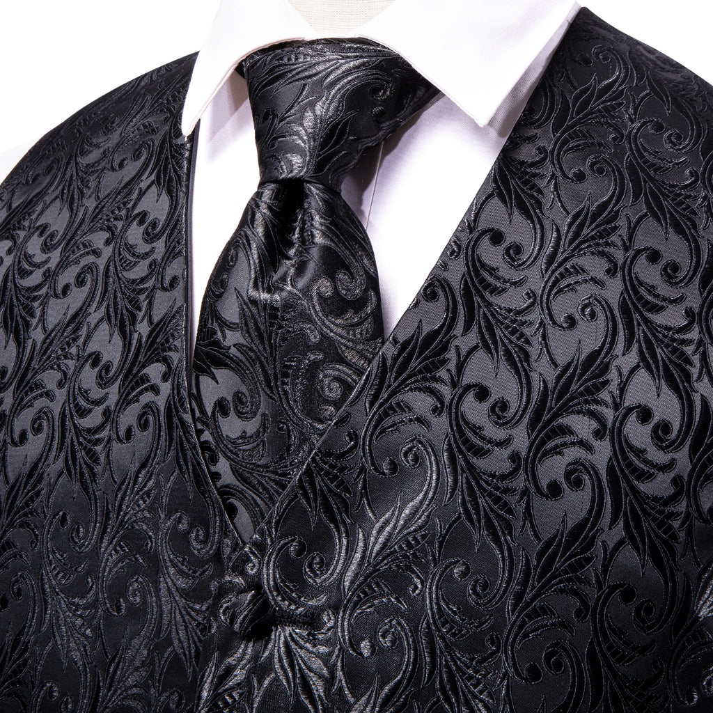 Hi-Tie Black Men Silk Vest Paisley Jacquard Necktie Hankerchief Cufflinks Sets Male Sleeveless V-Neck Waistcoat Business Formal