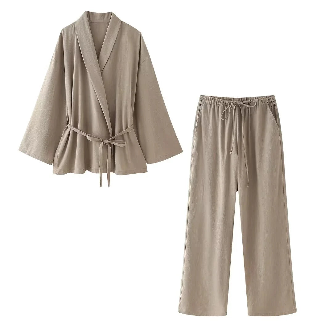 TRAF 2024 Fashion Women's Pants Suit Solid Khaki Drawstring Long Sleeve Cardgian Blouse+ Elastic Waist Wide Leg Pants Streetwear