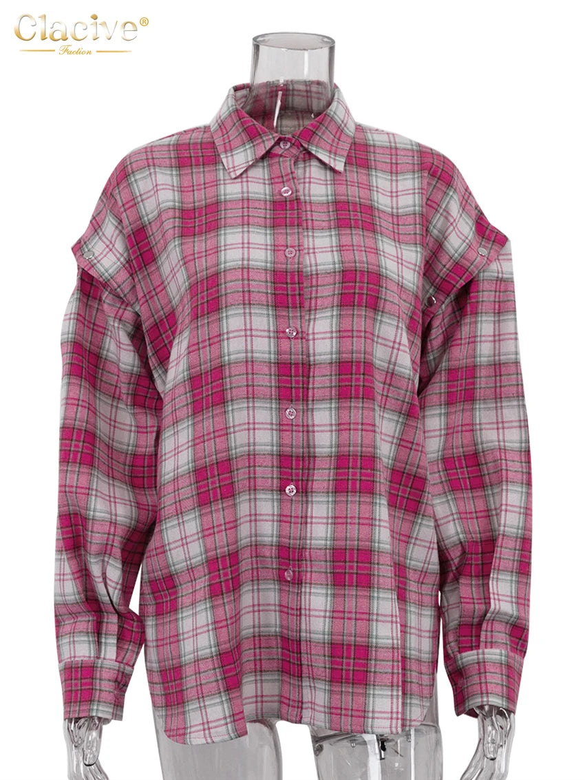 Clacive Fashion Loose Plaid Office Women's Shirt Vintage Lapel Long Sleeve Shirts Elegant Classic Blouse Top Female Clothing