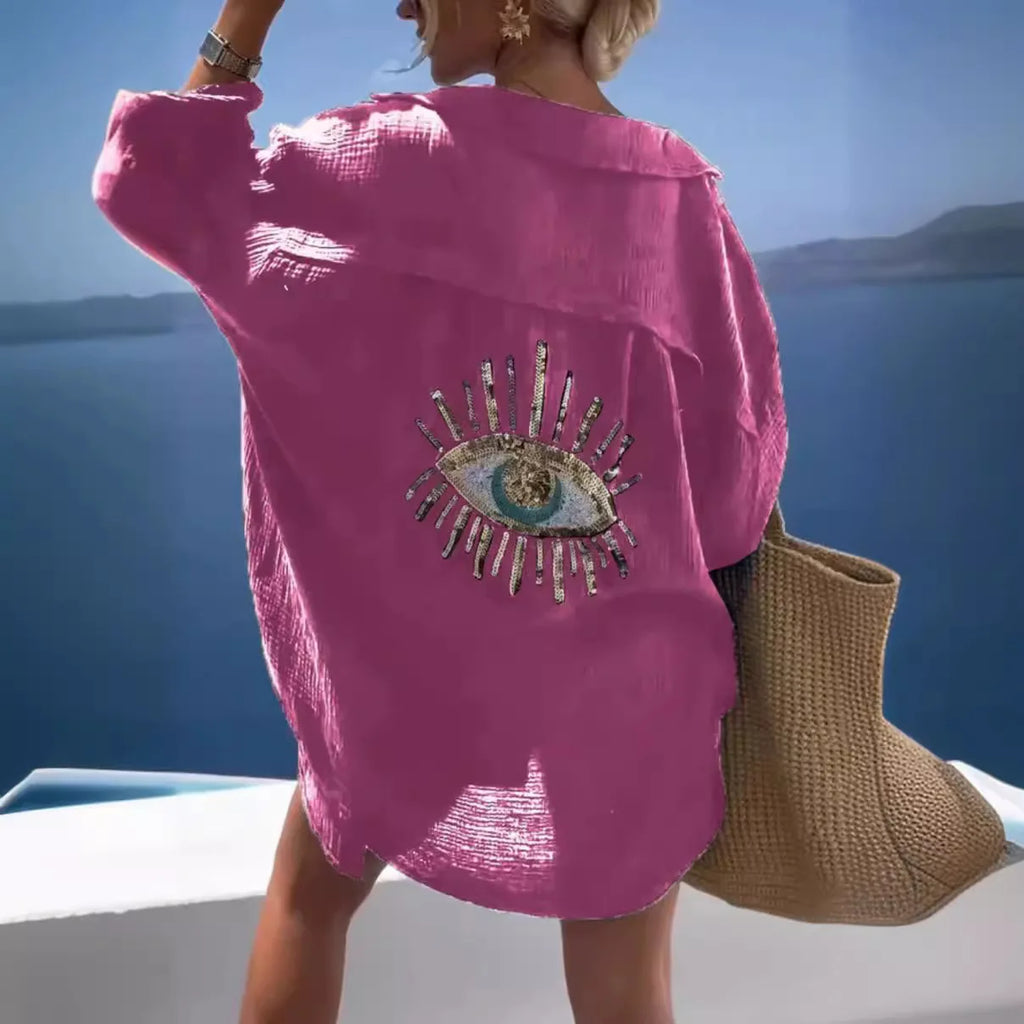 2025 Long Sleeve Loose Shirts Evil Eye Casual Sequin Beaded Shirt Spring Geometric Eye Top Turn-down Collar Button Long Blouse
