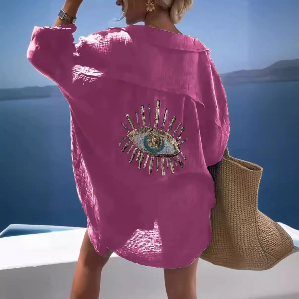 2025 Long Sleeve Loose Shirts Evil Eye Casual Sequin Beaded Shirt Spring Geometric Eye Top Turn-down Collar Button Long Blouse