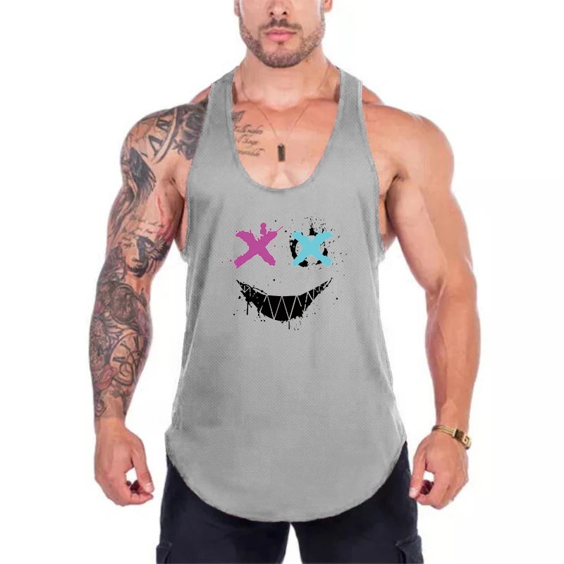 Trendy Personality Funny XX Smile Face Gym Fitness Vest Men Bodybuilding Sleeveless Tank Tops Mesh Quick Dry Racer Back T-Shirt