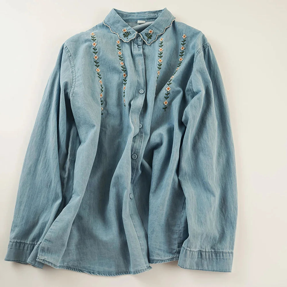 Harajuku fashion cotton denim spring blouses 2025 long sleeve women's embroidered shirts pretty blouses woman jean shirts
