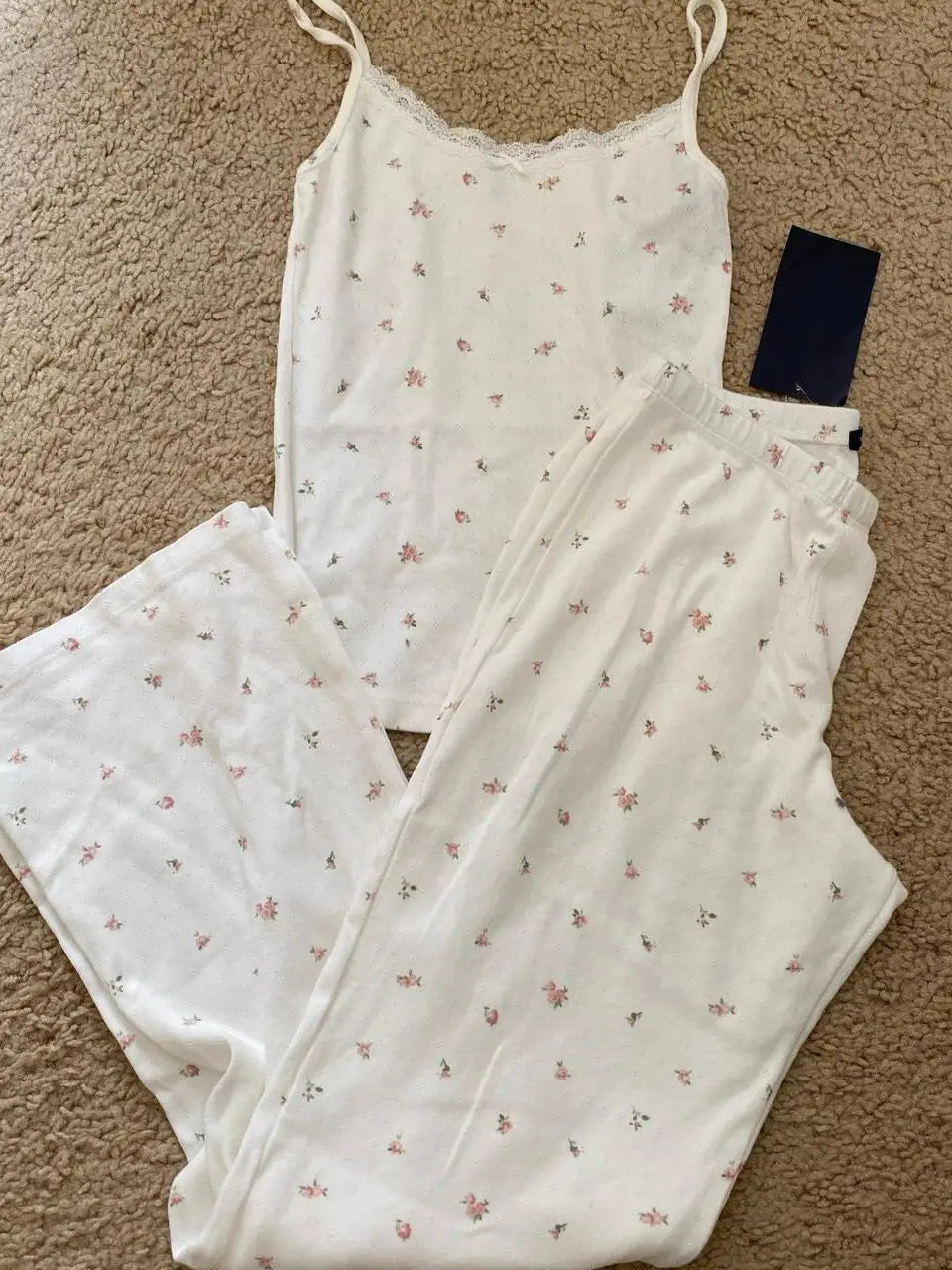 Eyelet White Tank Pant Home Set Woman Bow Slim Crop Top+Elastic High Waist Straight Trousers Summer Cotton Pajama 2 Piece Sets