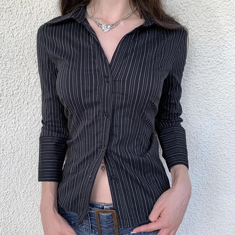 Sexy Elegant Collar Breasted Cardigan Long Sleeved Shirt Slim Fit Versatile Striped Top 2025 Autumn Winter New Fashion Casual