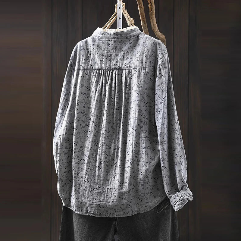 Women Long Sleeve Cotton Shirt New Arrival 2024 Autumn Vintage Style Lace Stand Collar Loose Female Casual Tops Shirts M283