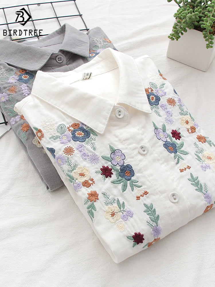 Spring Double 100% Cotton Yarn Shirts Women Turn-down Collar Loose Tops Girl Long Sleeve Embroidery Blouses 2024 Autumn T42909QM