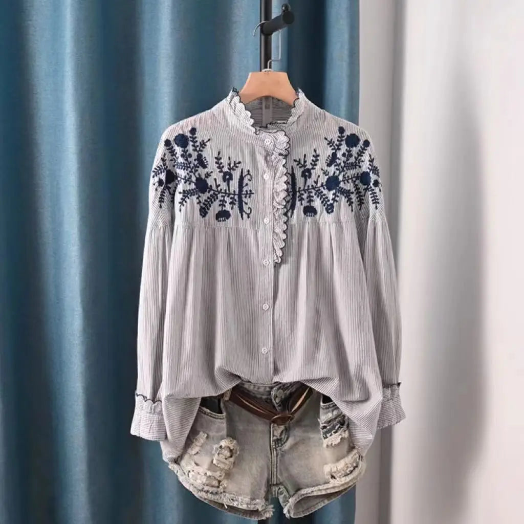 Cotton Yarn Ethnic Blouses Women Tops Elegant Female Blouses Plus Size Stand Collar Embroidery Striped Shirts Vintage Clothing