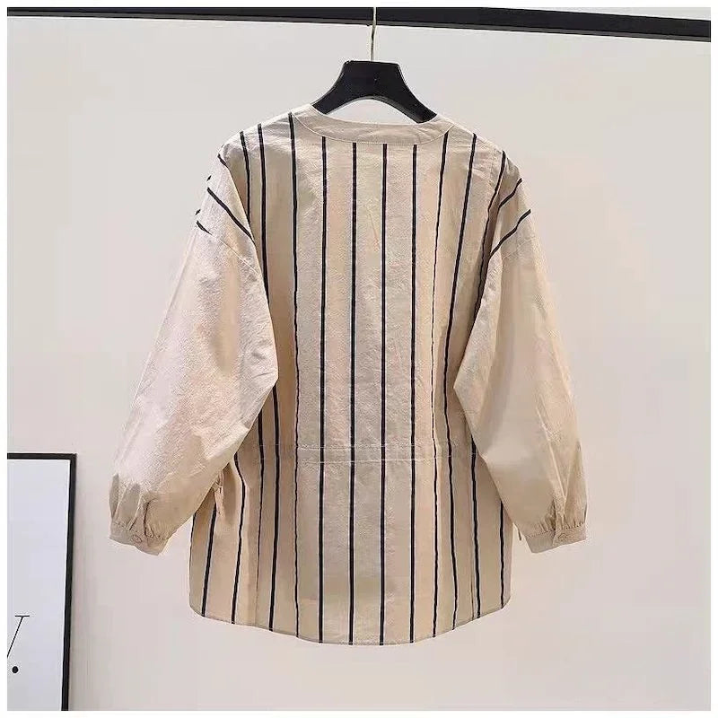 95% Cotton Shirts Women Fashion Stripe Design Khaki Blouses Drawstring Waist Loose Long Sleeve Shirt Spring Summer Literary Tops