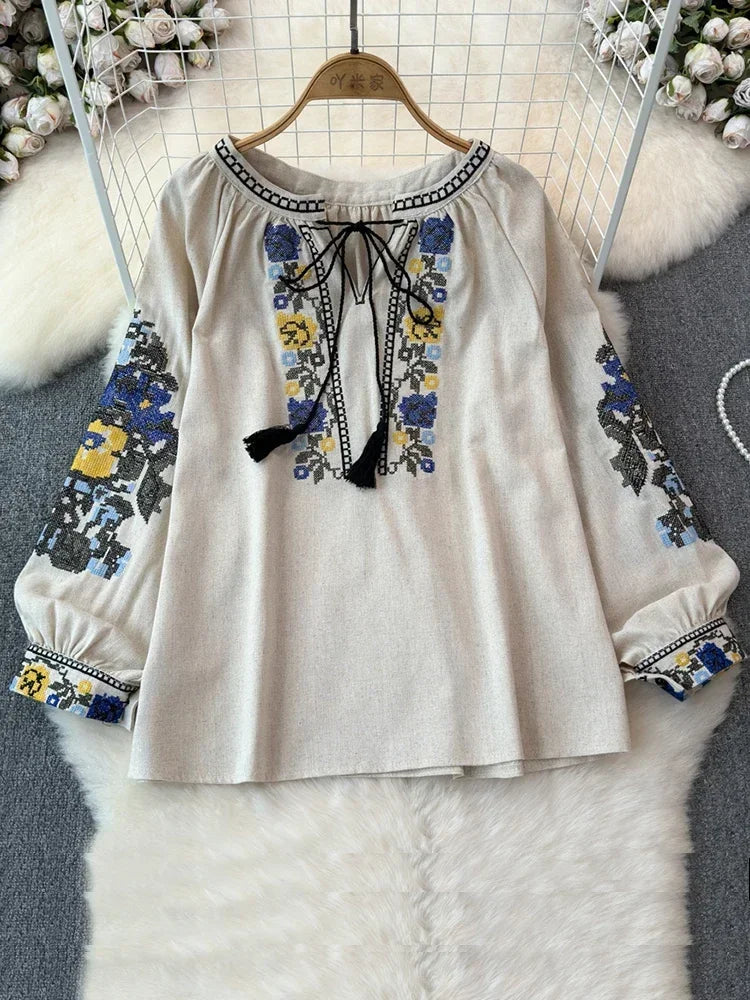 2025 Spring Retro Embroidered Shirt Top Female Lace Up Tassel Loose Lantern Sleeves Ethnic Style Blouse Female A70