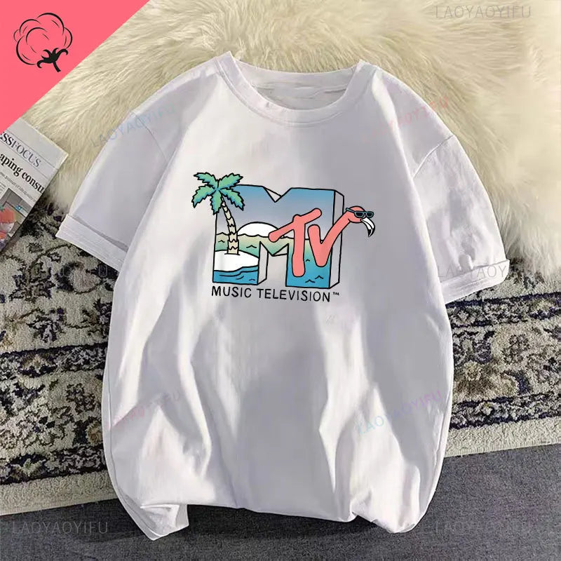 Woman Clothing Retro Cotton T Shirt Vintage Rock Hip Hop Modal Summer Unisex Casual Shirt Mtv Music Elevision Graphic Shirts