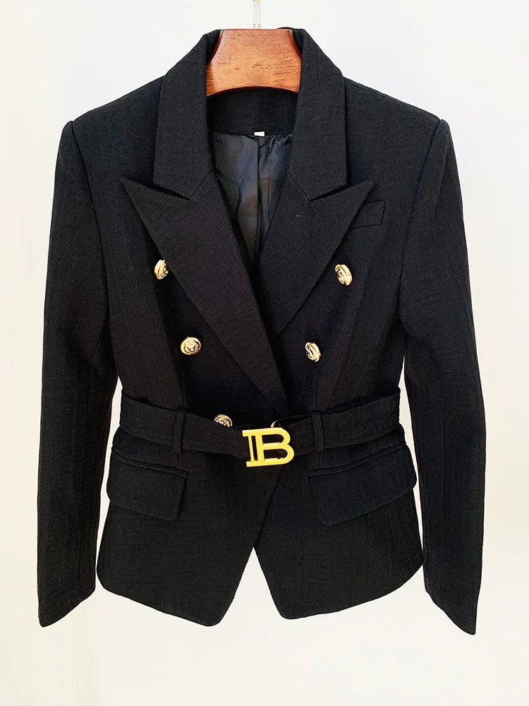 HIGH STREET Newest 2024 Designer Jacket Women's Double Breasted Lion Buttons Monogram Jacquard Belted Blazer